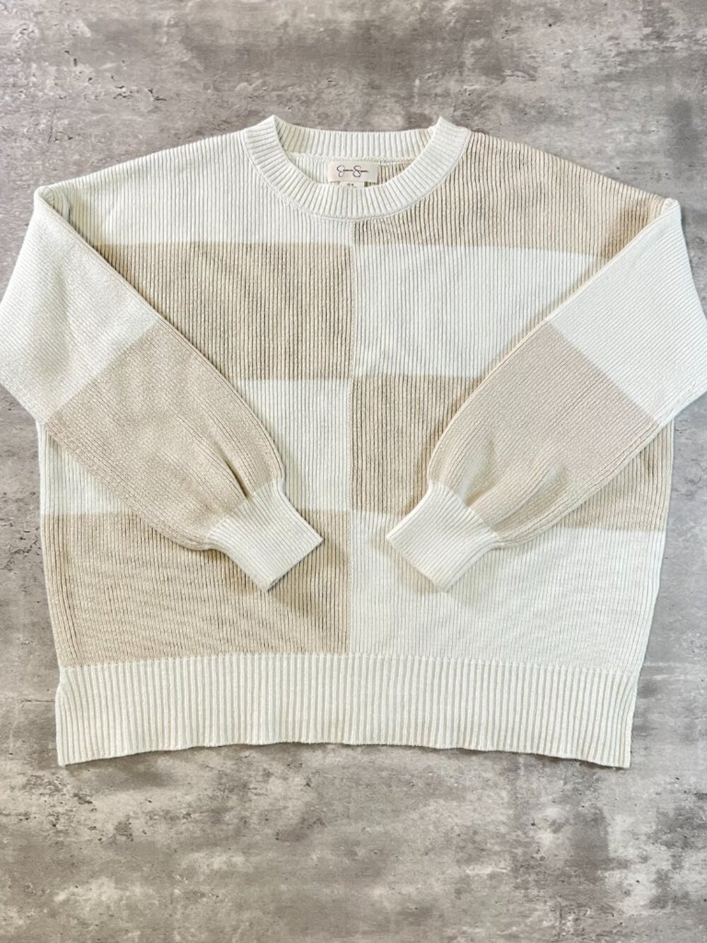 Jessica Simpson Womens Sweater Cotton Acrylic Cream Tan Colorblock Large Medium